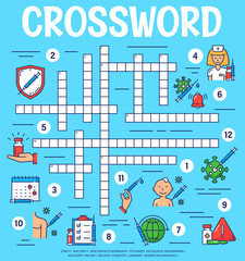 Virus vaccine and vaccination. Crossword grid worksheet. Find a word quiz, vocabulary game, crossword puzzle or riddle vector page with vaccination calendar, vaccine syringe and nurse, virus cells