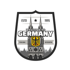 Germany travel vector icon with medieval Catholic cathedral and imperial eagle. German travel landmark and heraldic coat of arms isolated shield badge of welcome to Germany and tourism design