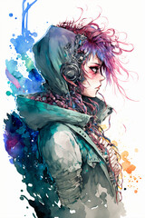 Aquarelle illustré d'une jeune femme du futur, cyberpunk geek, IA générative