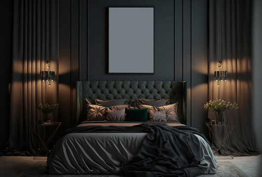 Modern bedroom interior with cozy bedding and a blank picture frame on the wall. Generative ai
