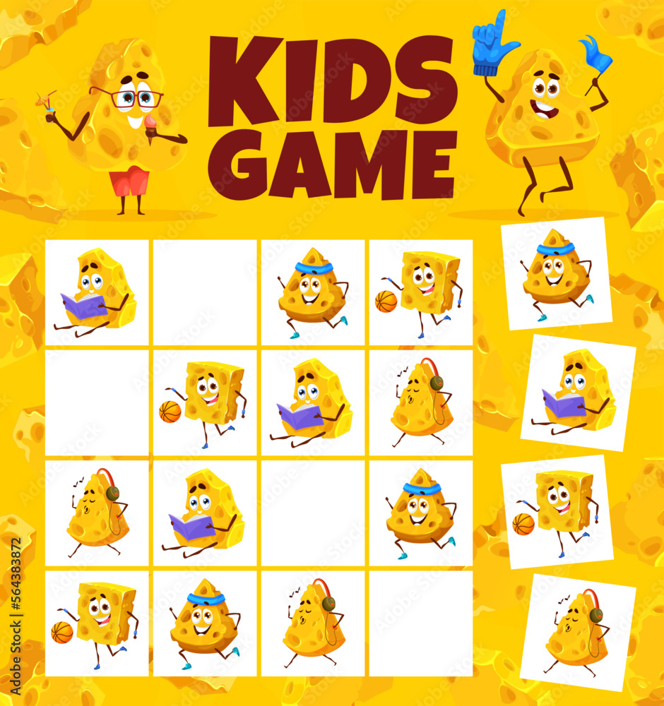 Wall mural sudoku game worksheet cartoon maasdam and gouda cheese characters. kids vector riddle with cartoon p