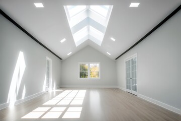 An empty, large attic room with white walls and skylights in the roof, letting in natural light, generative ai