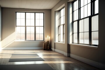 A clean, empty room with a wooden floor, yoga mats on the floor, and huge windows letting in natural light, with candles placed in the corner, generative ai