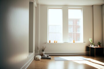 A small clean room with a wooden floor, white walls, and large windows allowing natural light in, with yoga mats scattered on the floor, generative ai
