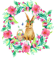 Easter card with bunny and eggs watercolor illustration 600 dpi PNG with transparent background, basket with colored eggs, Easter egg hunt, cute bunny hare rabbit, flora wreath, spring holiday 