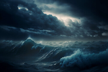 Grosses vagues lors d'une tempête en pleine mer - illustration ia