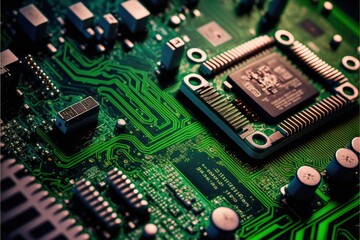 Fototapeta premium Close-up picture of the imaginary circut board with processor and semiconductors (AI generated)