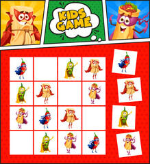 Sudoku kids game retro comics of mexican food superhero characters. Vector boardgame worksheet, find box with jalapeno pepper, tamales and burrito super hero cartoon personages, recreational riddle