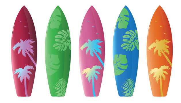 Summer surfboard vector set design. Surf boards in colorful pattern decoration isolated in white background for summer activity designs collection. Vector illustration