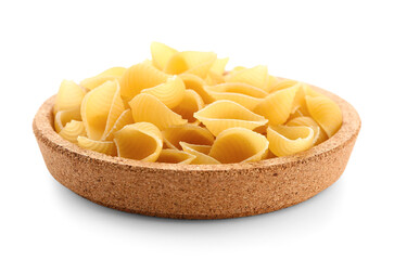 Plate of raw conchiglioni pasta on white background
