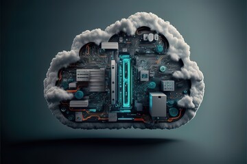 Neon dark background. Cloud cyber neon light, data storage. Cloud computing technology concept neon. AI