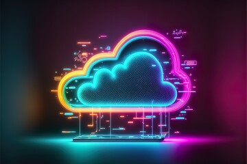 Neon dark background. Cloud cyber neon light, data storage. Cloud computing technology concept neon. AI