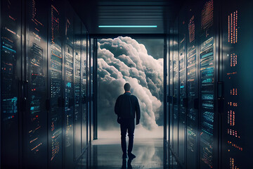 futuristic Big Data Center with chief manager and cloud service of information ai technology abstract background. Information Digitalization Starts. SAAS, Cloud Computing, Web Service. Data center - obrazy, fototapety, plakaty
