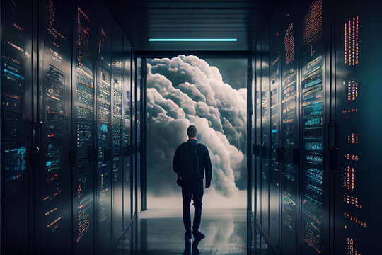 futuristic Big Data Center with chief manager and cloud service of information ai technology abstract background. Information Digitalization Starts. SAAS, Cloud Computing, Web Service. Data center