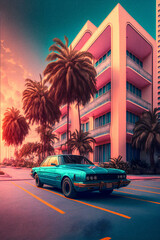 Obraz na płótnie Canvas Car and Palm in 80s style, retro background, granular texture illustration Generative AI