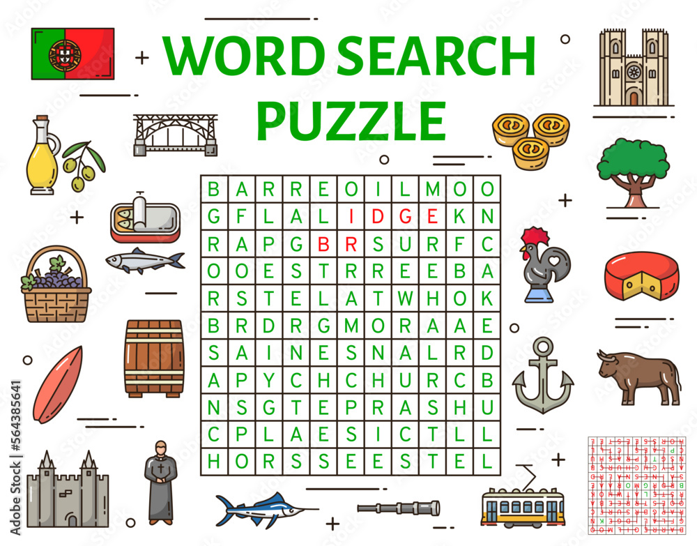Poster portugal symbols word search puzzle game worksheet, vector riddle. search word puzzle to search and 