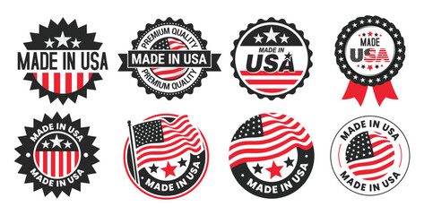 Red black color collection of Made in USA badges, emblems, and stickers set with the American flag isolated on white background.
