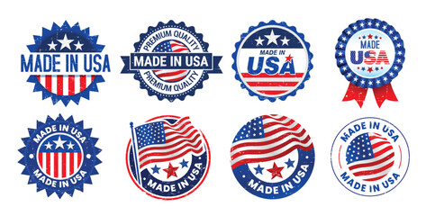 Modern grunge collection of Made in USA badge, emblem, sticker set with American flag isolated on white background.
