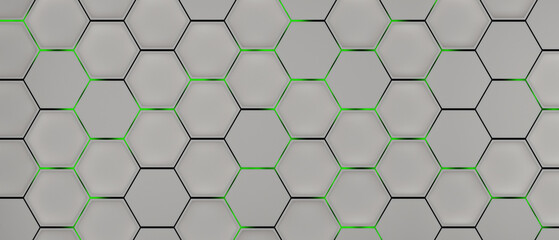 Bright metal hexagon with green beam background, 3d render illustration.