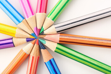 Fototapeta premium Set of colorful pencils on white background, closeup