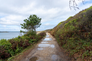 Fototapeta na wymiar Herm Island, Channel Island in Bailiwick of Guernsey. Car free island is popular British Isles holiday destination. Puddles on hiking path near bear's beach. 