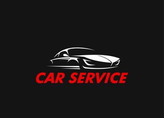 Car service, automobile repair garage station icon. Vehicle maintenance service center, car mechanic workshop vector emblem or symbol with modern luxury auto white silhouette and typography
