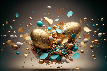 Flying Easter eggs and particles. Postcard, greeting card design. Pascha, Happy Easter Day. Beautiful colors, golden details. Explosion, levitation. Generative AI.