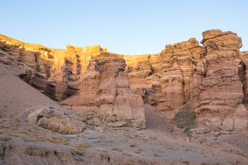 Castles Valley. Charynsky canyon rocky landscape from bottom. Landmark of Kazakhstan
