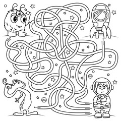 Puzzle for children. Labyrinth. Coloring the contour of the road in space to help the astronaut find the way to the rocket. Coloring book for children.