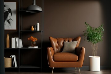 Sylish and modern cozy interior with brown leather armchair (AI generated)