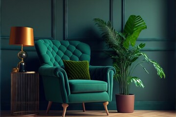 Sylish and modern cozy interior with green armchair and green wall (AI generated)