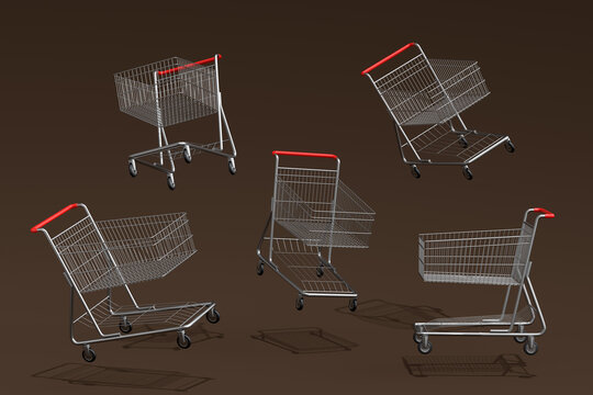 Set of flying shopping carts or trolley for groceries on dark background.
