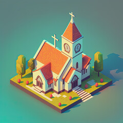 Cartoon town church. Game design isometry. Generative AI