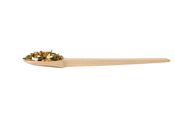 Green tea Japanese Genmaicha. Green tea mixed with roasted popped brown rice on wooden spoon isolated on white background.