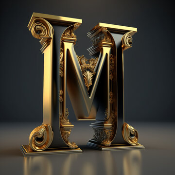 letter M, 3D style, with exotic details, blurred background, gold