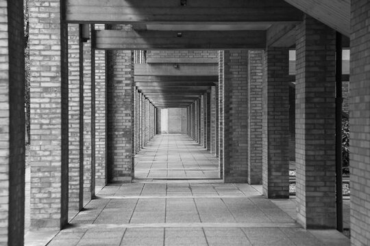 Architectural detail of apartment building in brutalist style in Venice, Italy