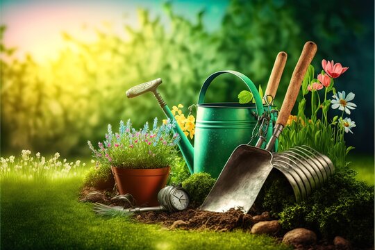 Spring garden care. Flowers in the garden. Garden tools. Outdoor gardening tools on grass in spring garden. AI