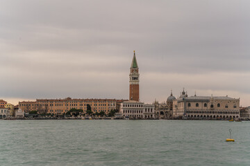 View of Doge's Palace and bell tower from the lagoon in Venice, Italy