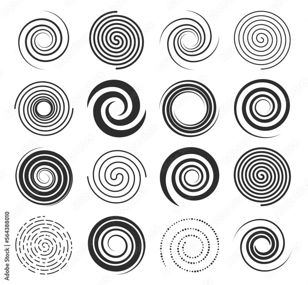 Poster Spiral swirl icons, circle shape lines and twirl symbols, vector circular round motion and hypnotic elements. Spiral swirls in abstract geometric pattern, radial speed lines in twists and whirls