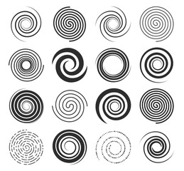 Spiral swirl icons, circle shape lines and twirl symbols, vector circular round motion and hypnotic elements. Spiral swirls in abstract geometric pattern, radial speed lines in twists and whirls