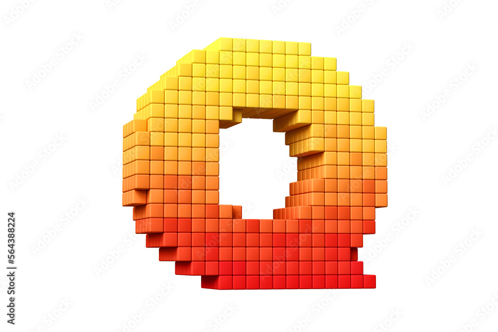 Poster digital lettering 3d pixel art font letter q in yellow to orange color scheme. high quality 3d rende