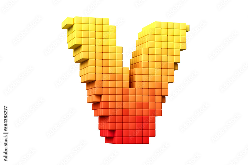 Poster 16-bit font pixel art style letter v in yellow and orange. high definition 3d rendering.
