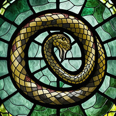 Stained glass window with green snake. Generative AI