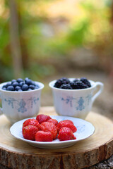 Blueberries, blackberries and strawberries in the vintage porcelain set. Healthy snack served in a garden. Selective focus.