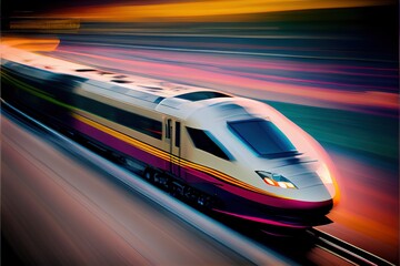 High speed train of the future with motion blur and glowing light effects. Future transportation concept. 
Digitally generated AI image