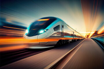 Fototapeta na wymiar High speed train of the future with motion blur and glowing light effects. Future transportation concept. Digitally generated AI image