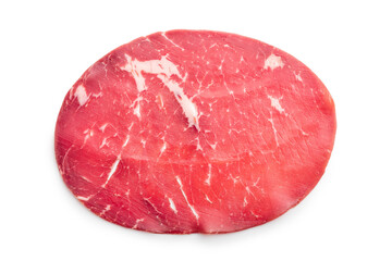 Smoked bresaola. Italian appetizer. Dried beef meat isolated on white backgorund.