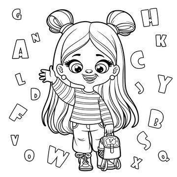 Cute cartoon longhaired girl holding backpack outlined for coloring page on a white background