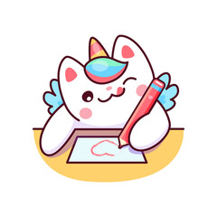 Cute caticorn character, isolated vector unicorn kitty sitting at table drawing heart on paper. Fantasy animal personage with colorful tail, wings and horn. Funny magical kitten, kawaii magic cat