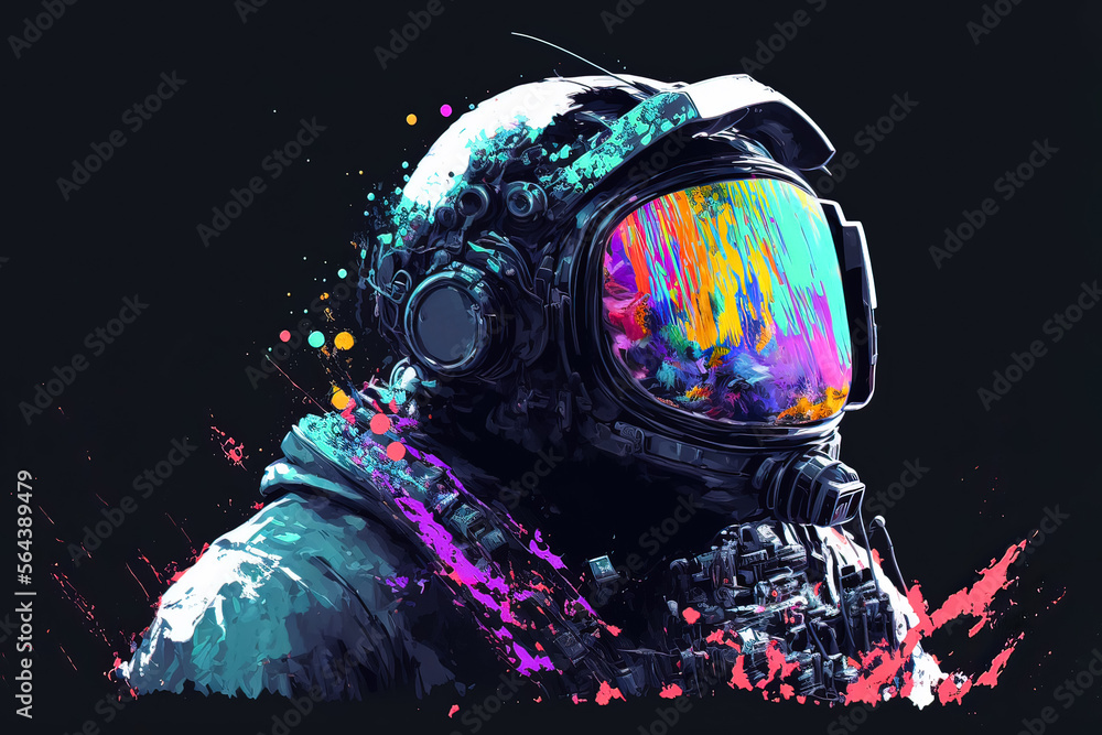 Wall mural beautiful painting of an astronaut in in a colorful bubbles galaxy on a different planet. generative